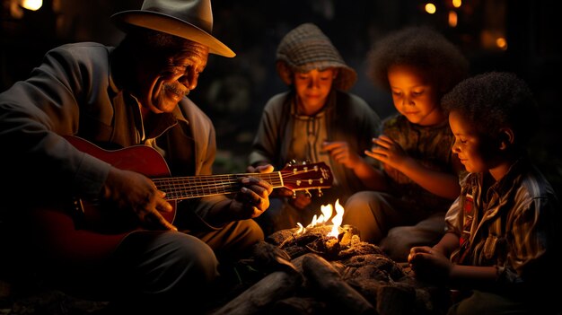 Cuenta cuentos por la noche por los ancianos de un brasileño