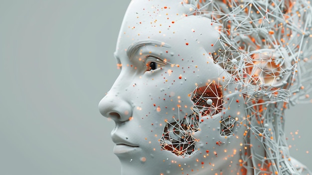 Cuenta con una representación 3D de una cabeza de cyborg utilizando inteligencia artificial para crear una interfaz digital