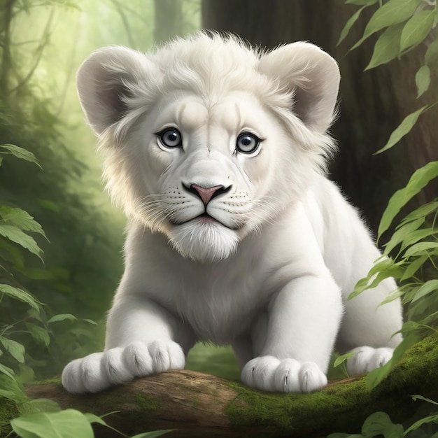 El cuento de la aventura de un león bebé blanco 3D