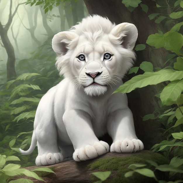 El cuento de la aventura de un león bebé blanco 3D