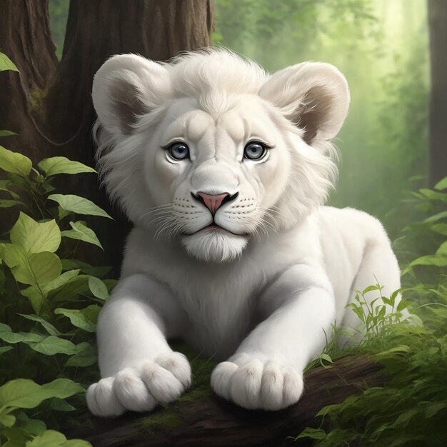 El cuento de la aventura de un león bebé blanco 3D