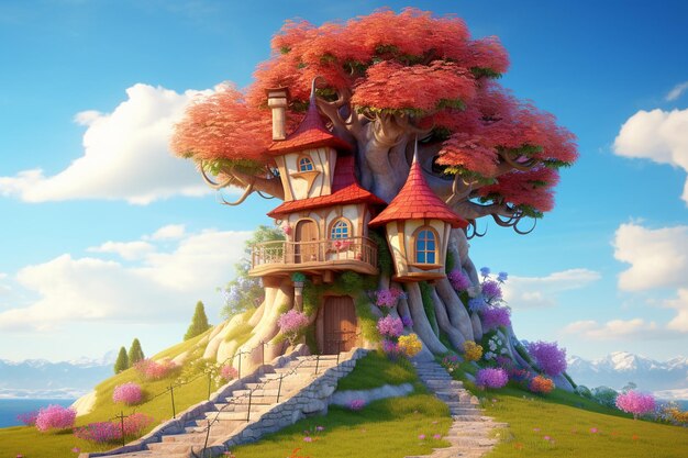 Foto cuento de fantasía para niños con casa en el árbol