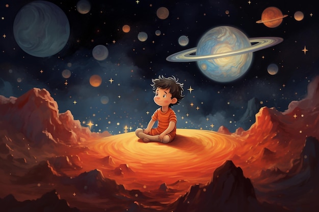 Cuento de fantasía para niños con planetas y espacio