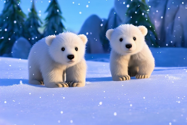 Cuento de hadas lindo joven oso polar jugando en la nieve ilustración 3d
