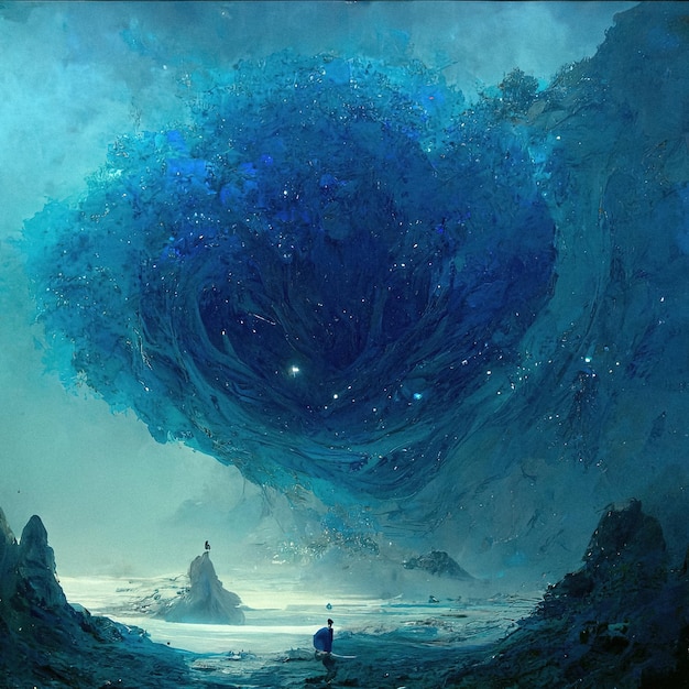 Cuento de hadas misterio monocromo dibujo abstracto paisaje azul portal cielo montaña lugar mágico frío