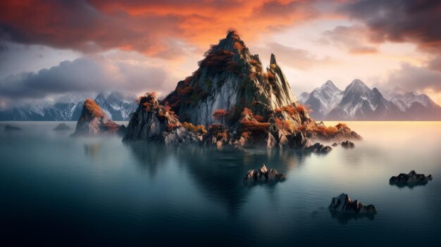 Cuento mitológico de una isla montañosa al atardecer en Unreal Engine 5