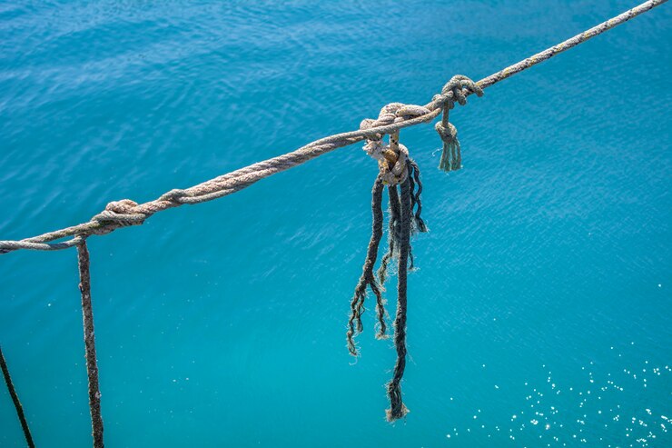 Cuerda de amarre sobre el mar azul