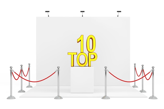 Cuerda de barrera alrededor de stand de feria con Golden Top 10 Sign sobre soporte sobre un fondo blanco. Representación 3D.