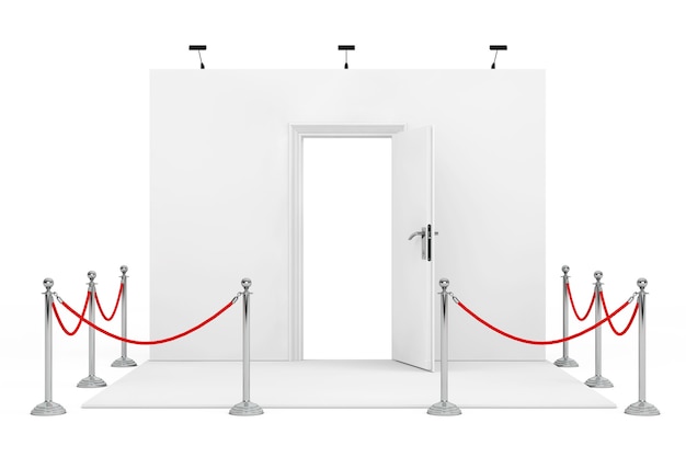 Cuerda de barrera alrededor de stand de feria con puerta abierta blanca sobre un fondo blanco. Representación 3D.