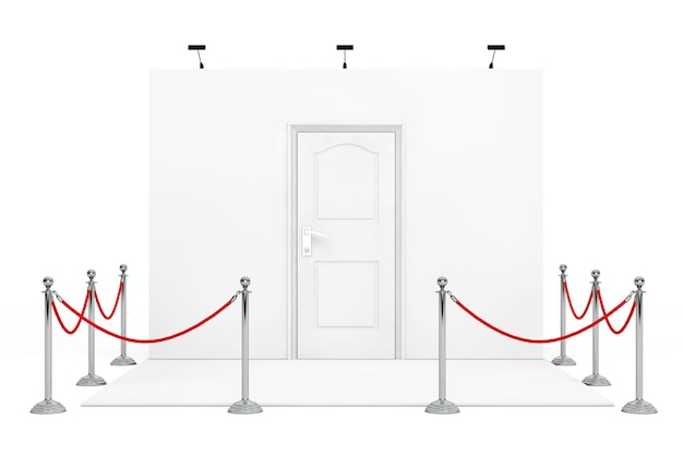 Cuerda de barrera alrededor de stand de feria con puerta blanca sobre un fondo blanco. Representación 3D.