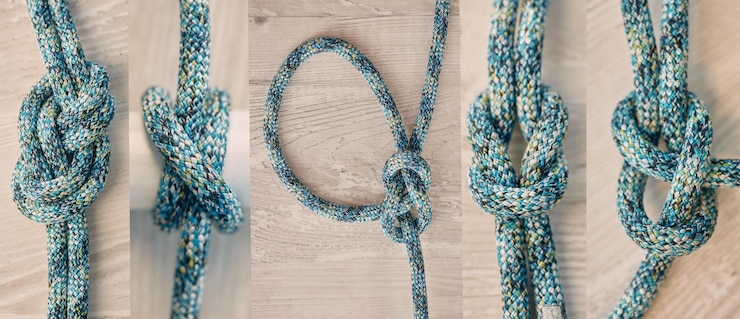 Foto cuerda de collage y nudo con diferentes nudos sobre un fondo de madera desde arriba atado y seguro con cuerdas en el estudio para caminar en bote o mantener las cosas seguras en el estudio