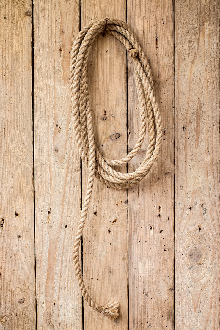 Foto cuerda marrón colgada en la pared de madera