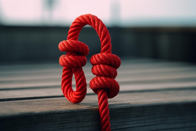 Una cuerda roja en un muelle de madera Una cuerda atada a un nudo