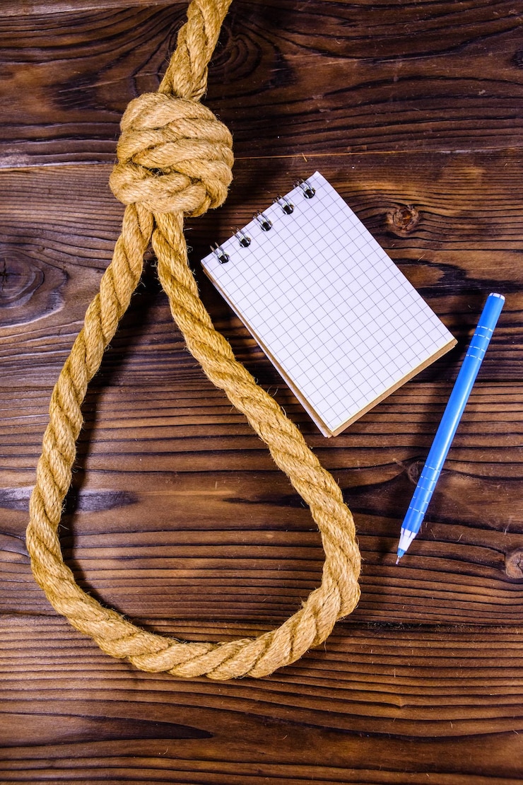 Foto cuerda con soga para el bloc de notas en blanco suicida y bolígrafo sobre fondo de madera
