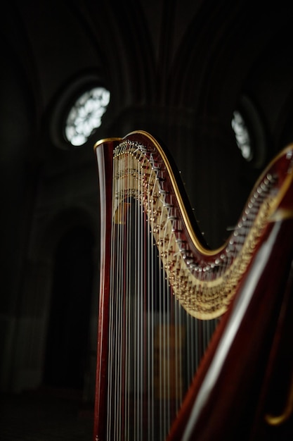 Cuerdas de arpa antigua con marco curvo de madera en una iglesia con poca luz
