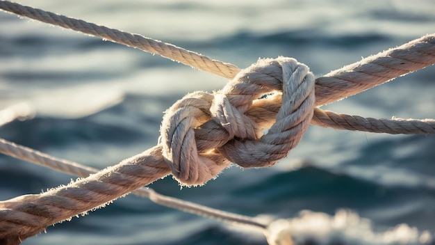 Las cuerdas blancas del barco atadas en un nudo