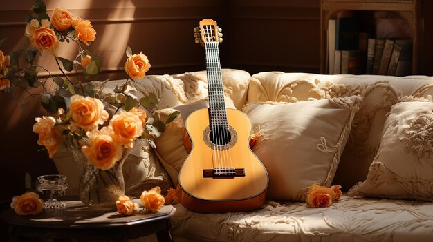 Foto cuerdas y guitarra clásica en una sala de café que abraza una atmósfera elegante y armoniosa