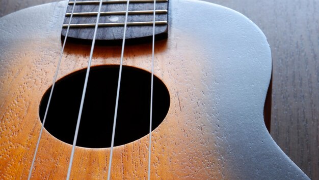 Las cuerdas de la placa de sonido del ukelele y el fretboard de cerca