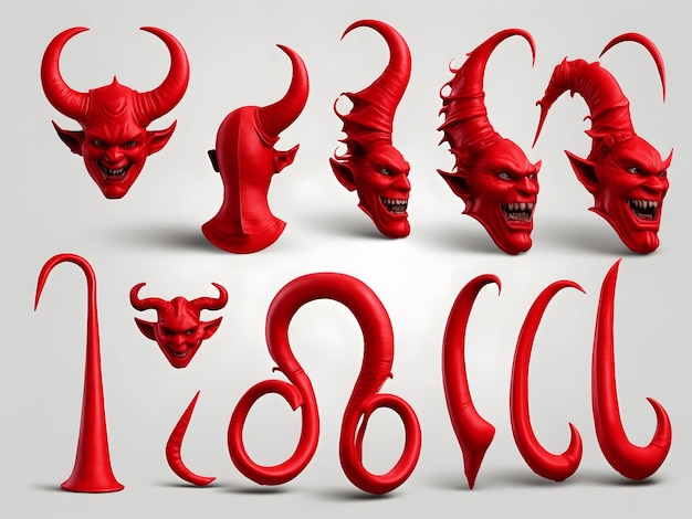 Foto cuerno de diablo rojo e ilustración vectorial de cola 3d elementos bonitos realistas para máscara facial y cabeza