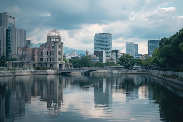 Un cuerpo de agua con edificios en el fondo