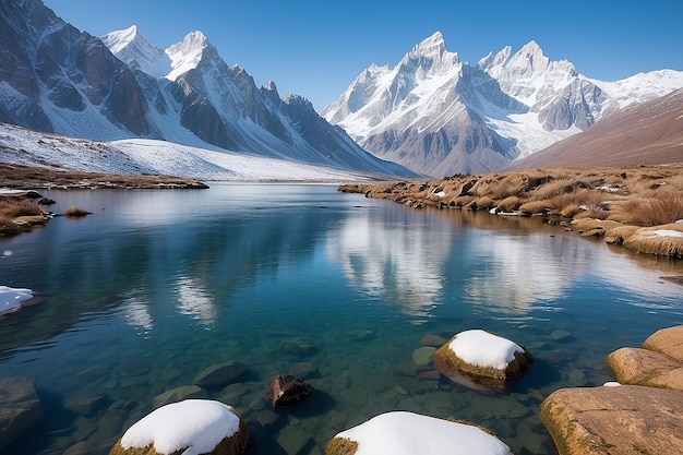 Un cuerpo de agua con nieve en las rocas y las montañas en el fondo