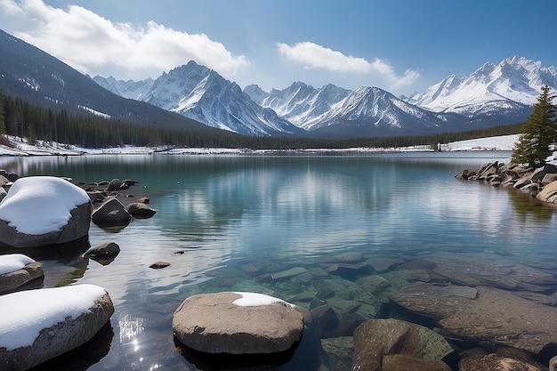 Un cuerpo de agua con nieve en las rocas y las montañas en el fondo