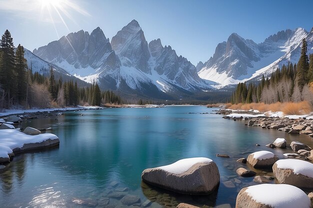 Un cuerpo de agua con nieve en las rocas y las montañas en el fondo