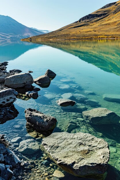 Un cuerpo de agua con rocas y una colina en el fondo