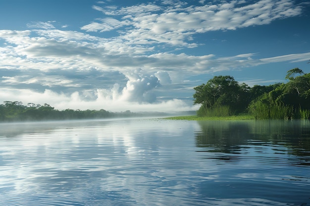 Un cuerpo de agua rodeado de árboles y nubes