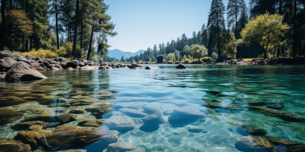 Un cuerpo de agua rodeado de árboles y rocas