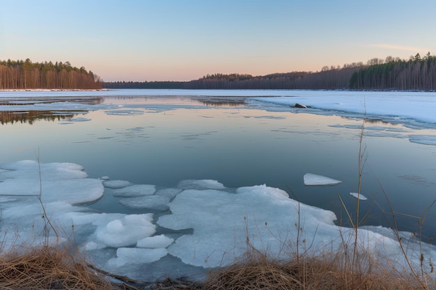 Un cuerpo de agua rodeado de hielo y nieve.