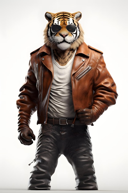 cuerpo completo de tigre en una chaqueta de cuero y gafas caminando sobre fondo blanco