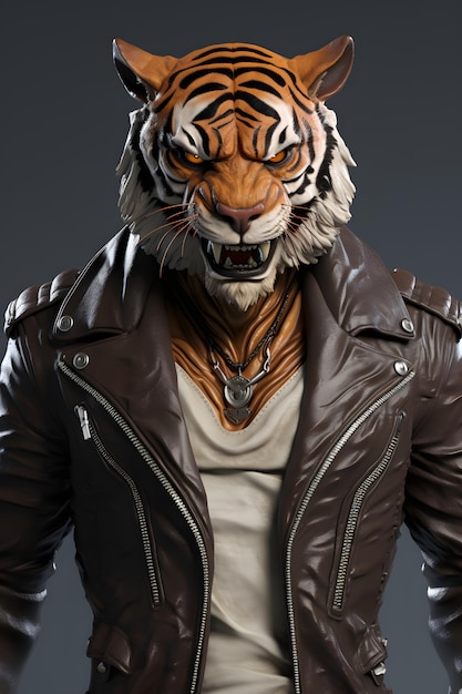 cuerpo completo de tigre en una chaqueta de cuero y gafas caminando sobre fondo blanco