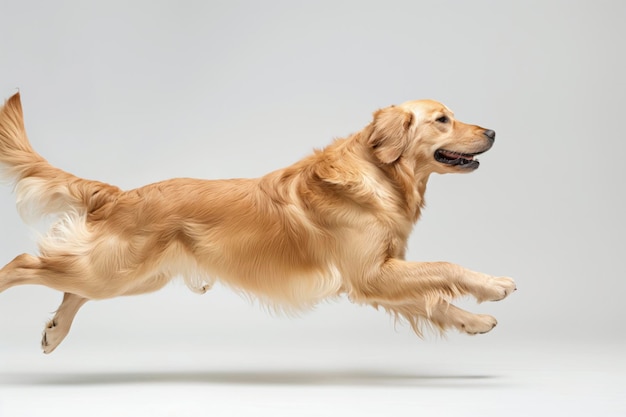 cuerpo entero golden retriever corriendo fondo blanco sencillo IA generativa