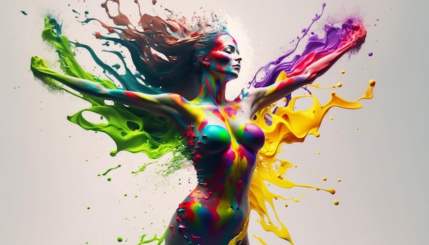 cuerpo femenino en un toque de pinturas coloridas ai generativa