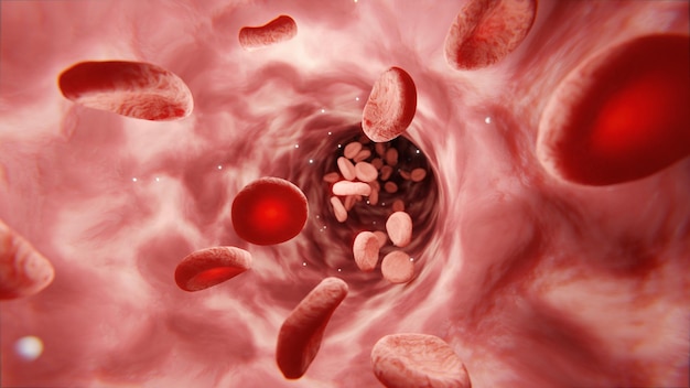 Cuerpo de glóbulos rojos Saturación de eritrocitos del cuerpo humano con oxígeno Movimiento de células de eritrocitos a través de los capilares Transferencia de oxígeno de la hemoglobina a la mioglobina 3d render