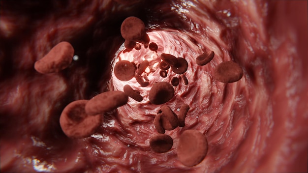 Cuerpo de glóbulos rojos Saturación de eritrocitos del cuerpo humano con oxígeno Movimiento de células de eritrocitos a través de los capilares Transferencia de oxígeno de la hemoglobina a la mioglobina 3d render