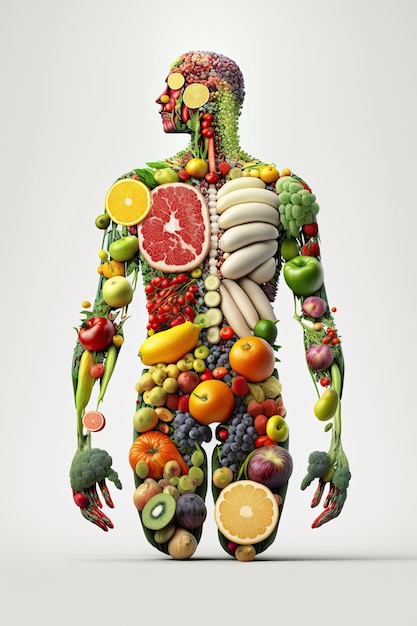 El cuerpo del hombre se compone de verduras frescas y saludables Antecedentes del Día Mundial de la Salud