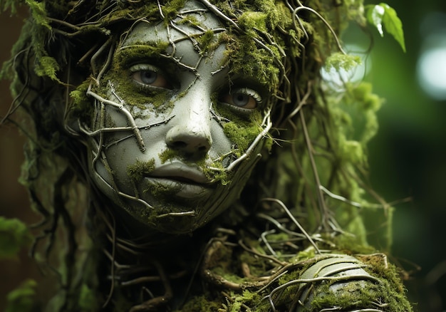 Cuerpo humano anatómico cubierto de ramas y raíces de musgo Concept de árbol de mujer Dryads AI Generati