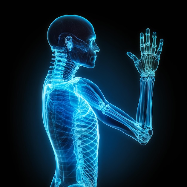 un cuerpo humano azul con una mano humana en un fondo azul