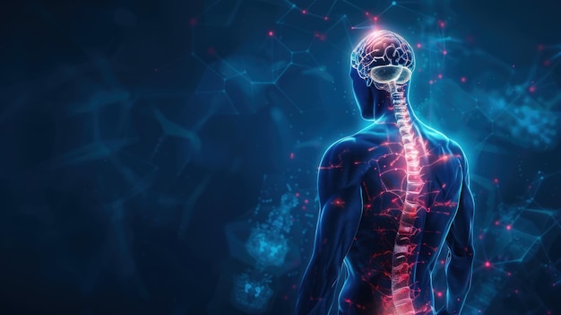cuerpo humano con cerebro y columna vertebral de color rojo brillante en fondo azul oscuro ilustración digital