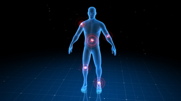 Cuerpo humano digital con dolor visible en diferentes lugares.