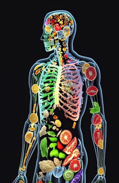 Cuerpo humano de vegetariano de frutas y verduras Concepto de alimentación saludable y vegetarianismo sobre fondo negro Ilustración generativa de IA