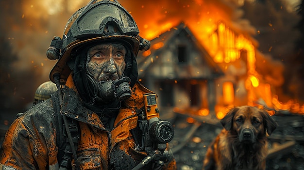 Foto cuerpo lleno de un bombero cansado con la cara ennegrecida