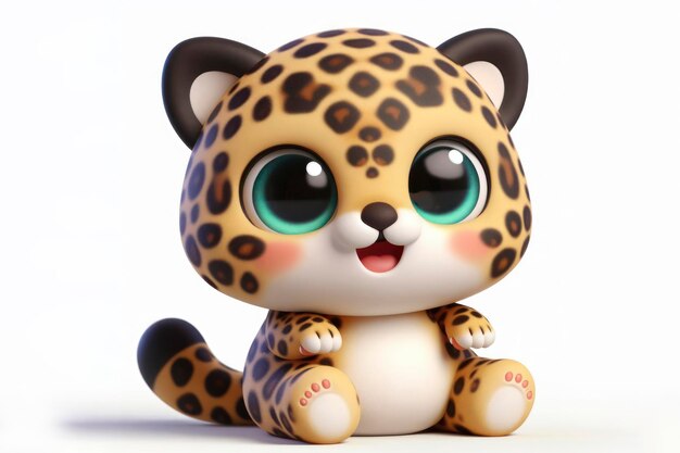 cuerpo lleno pequeño lindo leopardo feliz personaje 3d con ojos abultados en sólido un fondo blanco ai generativo