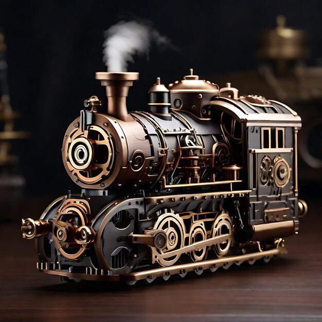 cuerpo metálico de una locomotora de vapor steampunk adornada con intrincados engranajes y tuberías AI