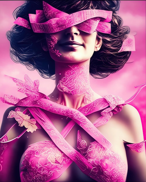 cuerpo de mujer con cintas rosas para la concientización sobre el cáncer de mama