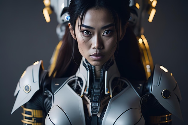 Cuerpo de mujer robot con armadura tecnológica IA generativa