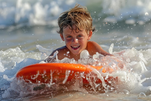 Cuerpo de niño sano e intrépido a bordo de las ondas poco profundas del océano naranja