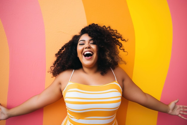 Foto el cuerpo seguro se mueve mujer de talla grande divirtiéndose con su cuerpo en un fondo de color